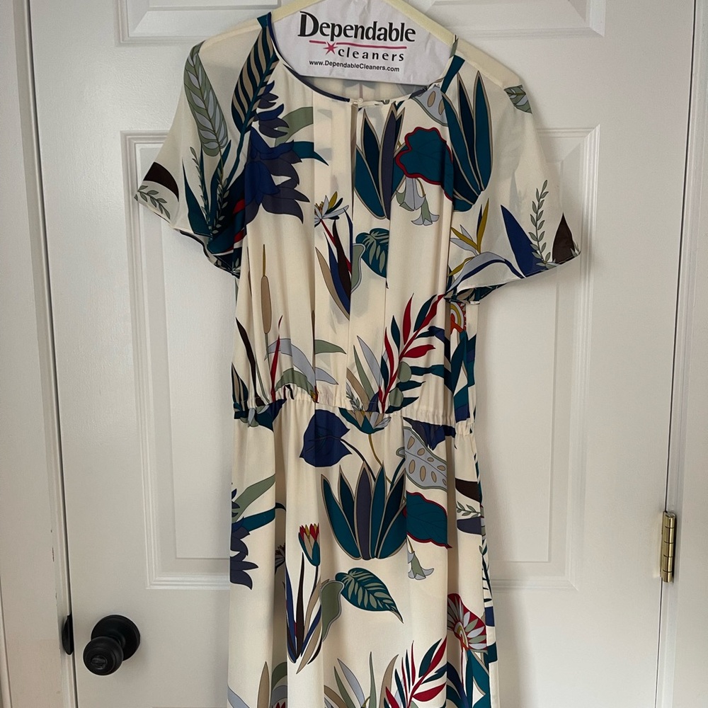 Floral Print Dress in Cream and Blue
